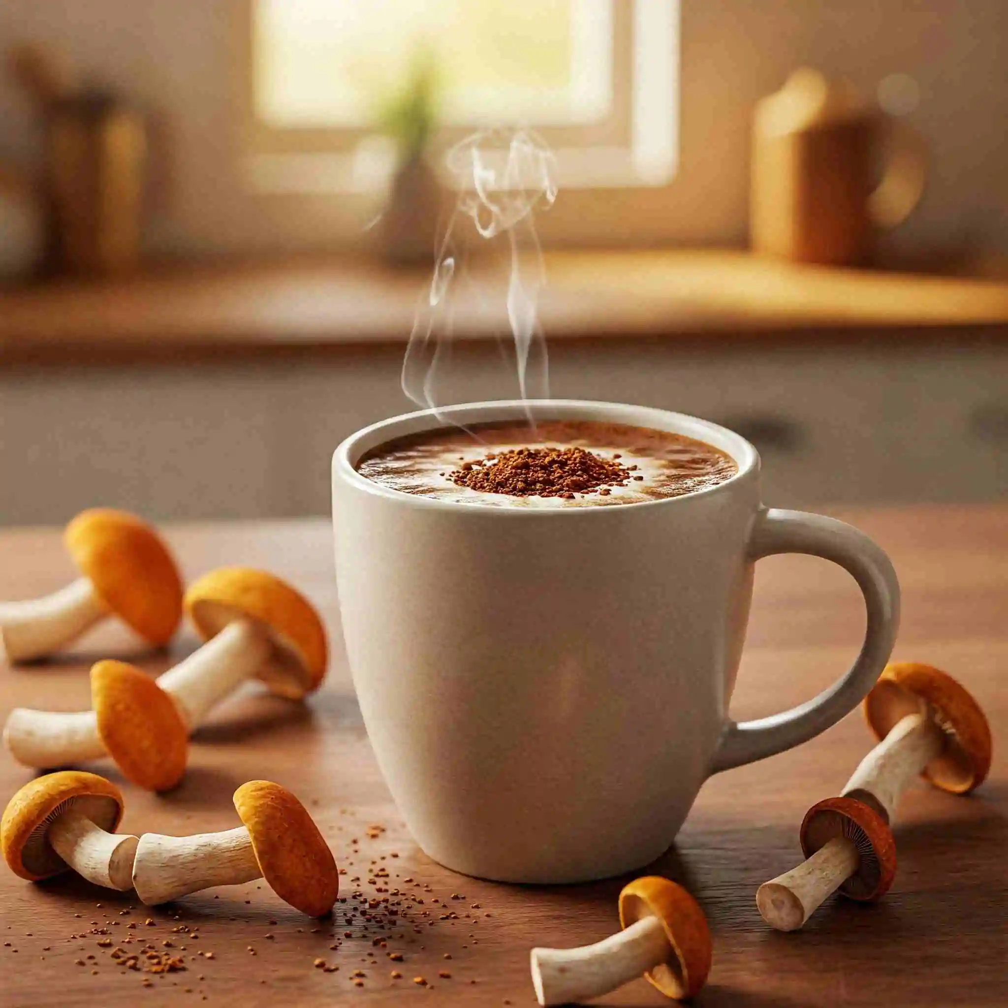 Best combo of coffee and mushrooms in a surrounded by orange-stuffed mushrooms beneficial for energy, focus, & good health
