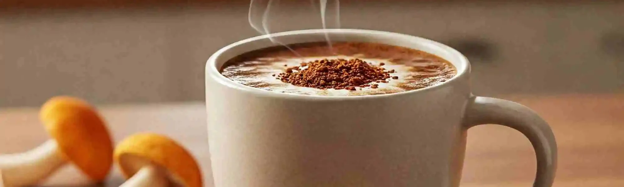 Best combo of coffee and mushrooms in a surrounded by orange-stuffed mushrooms beneficial for energy, focus, & good health